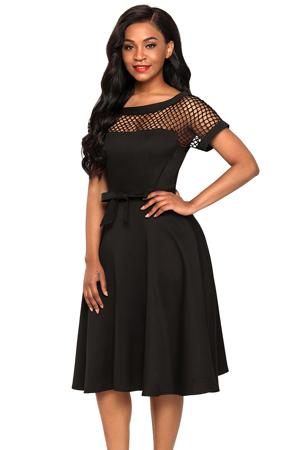 BY61862-2 Fishnet Insert Black Bowknot Embellished Dress